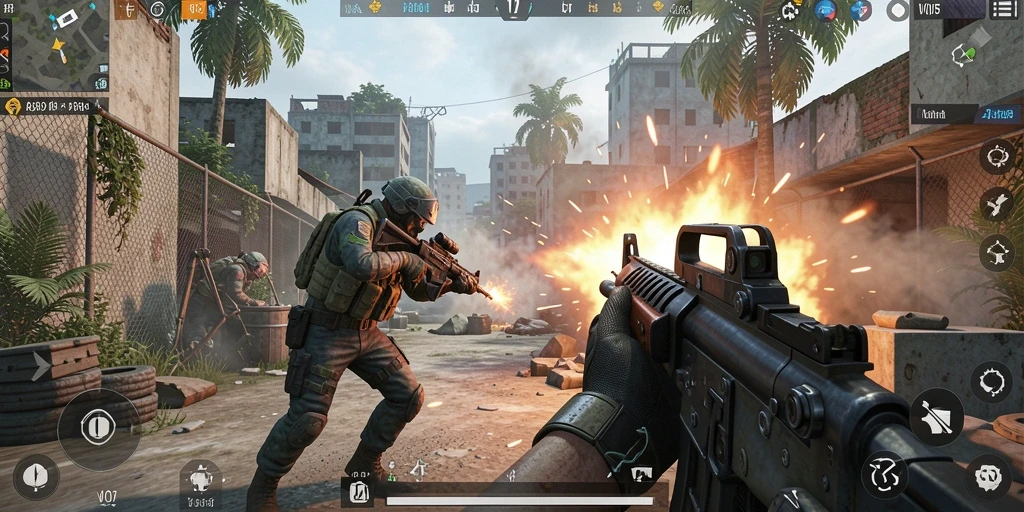 Tampilkan aksi seru dari gameplay FPS V07 yang mendebarkan.